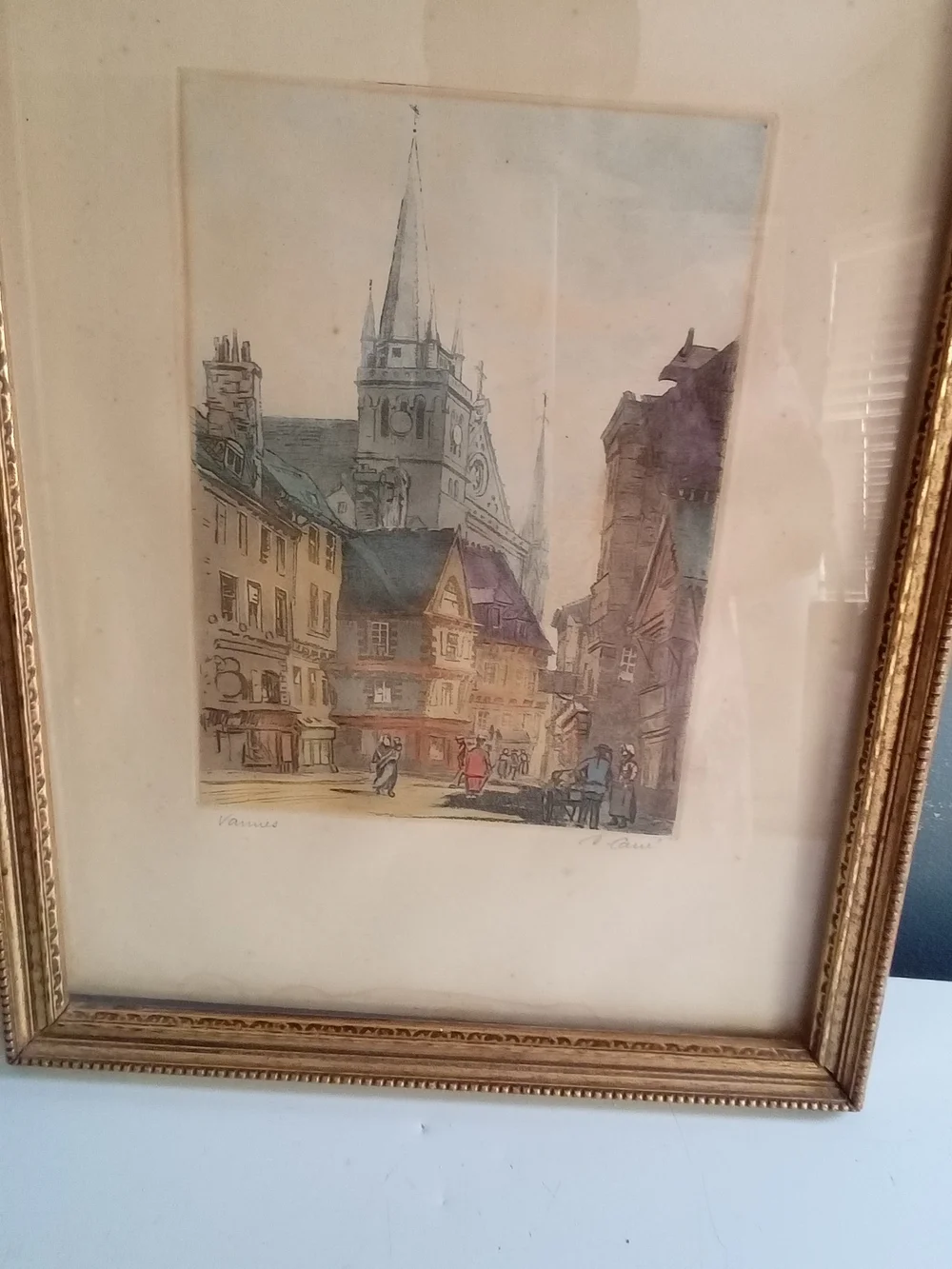 Vintage Vannes France City Street Etching Signed H. Carre Gold Framed Art